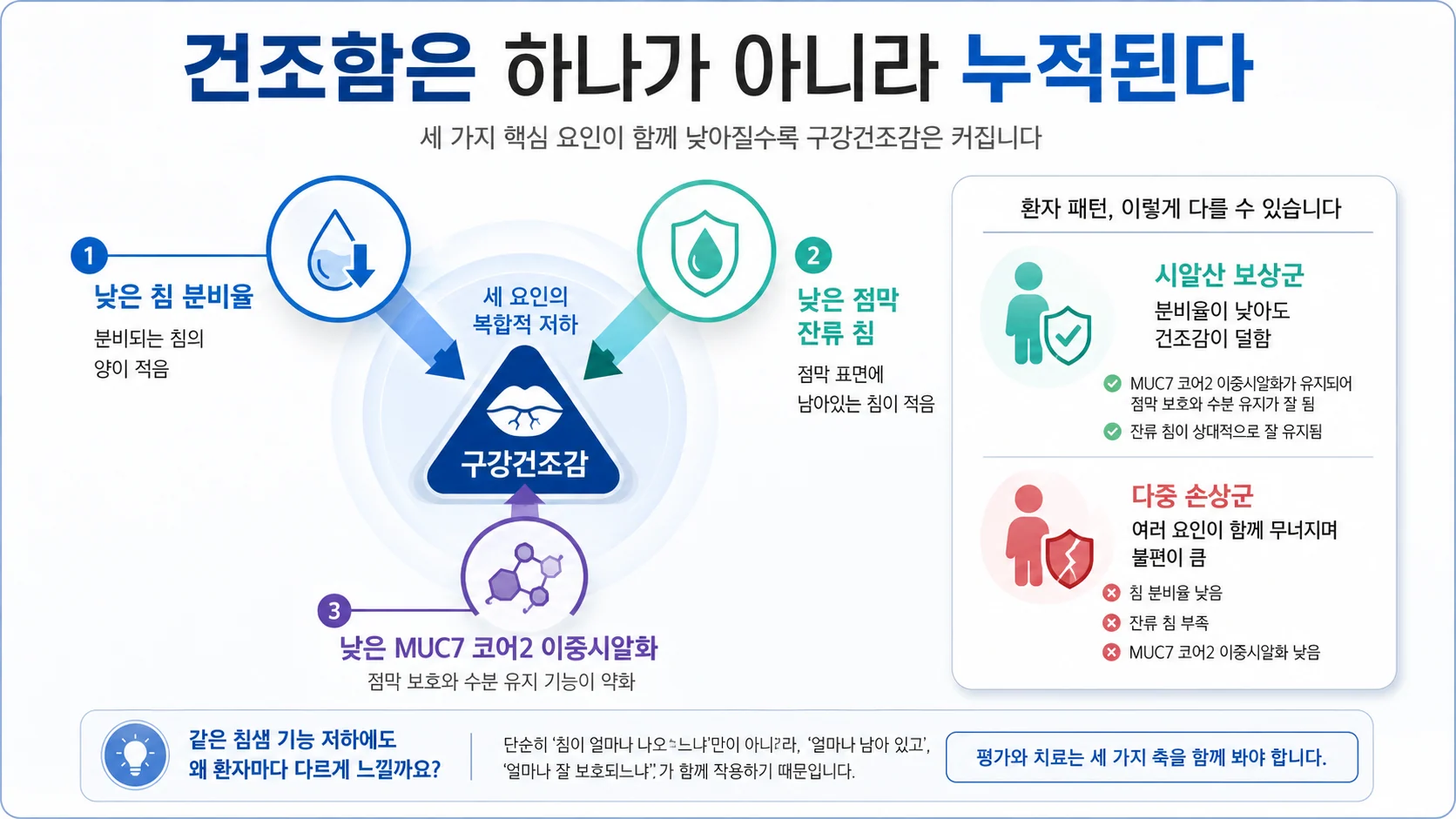 건조함은 하나가 아니라 누적된다 — 분비율·잔류 침·시알산의 누적 효과