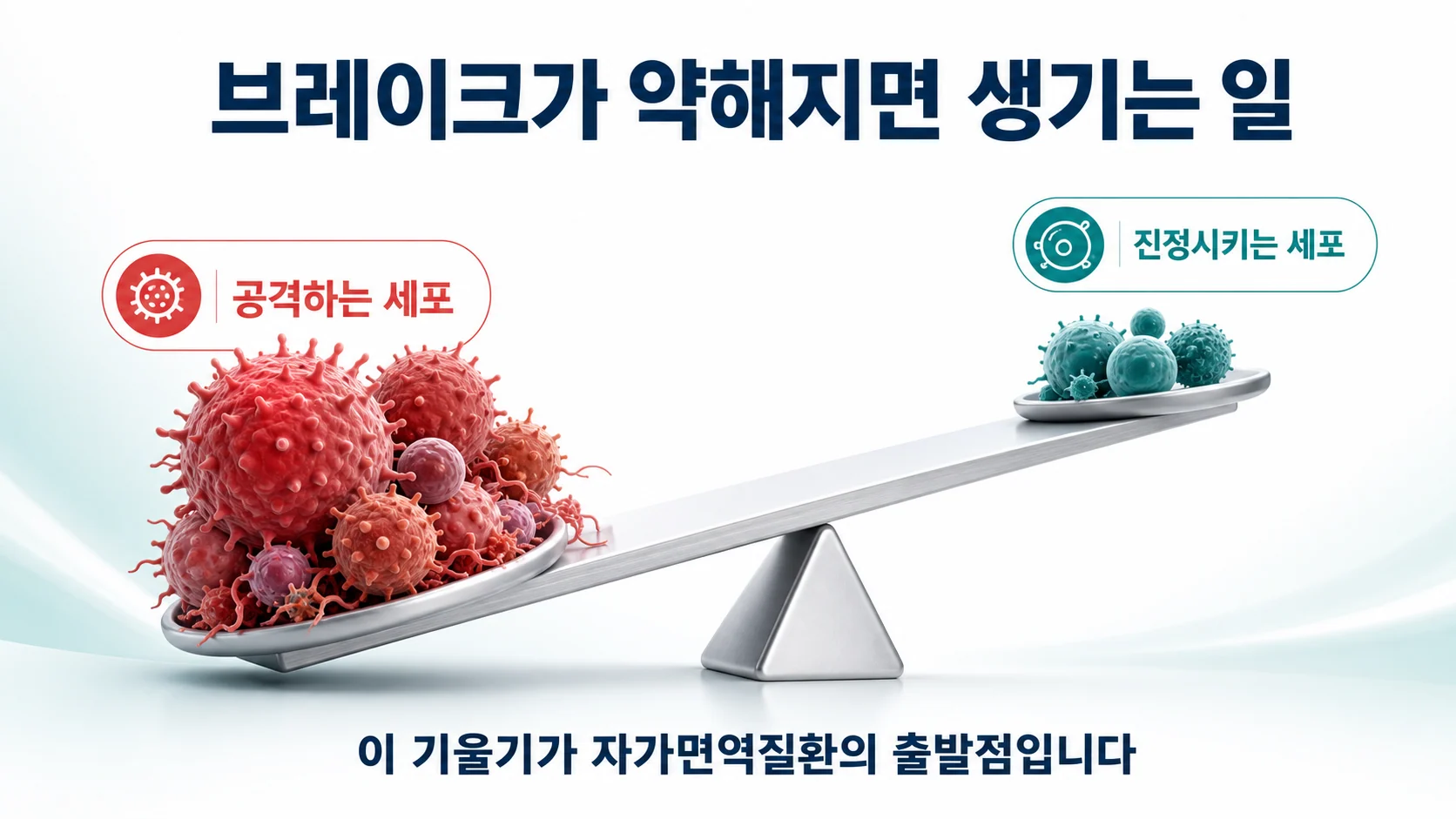 공격하는 세포와 진정시키는 세포의 균형이 무너진 상태를 시소로 표현한 도식