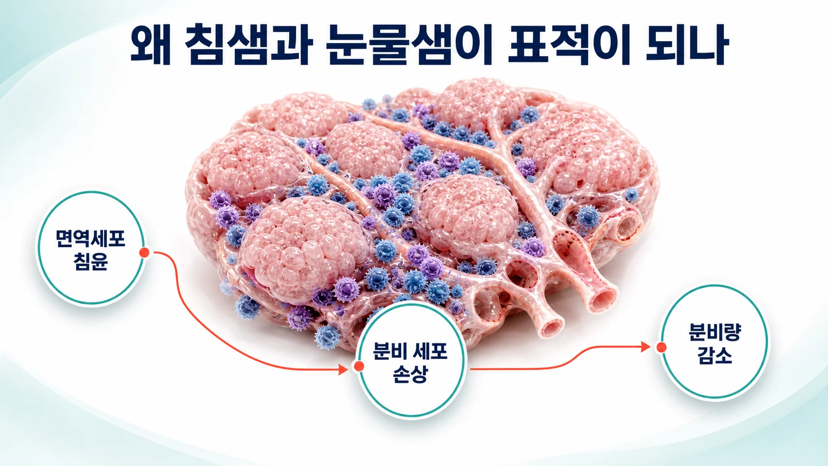 면역세포가 분비샘에 침윤해 분비 기능이 떨어지는 과정을 정리한 도식
