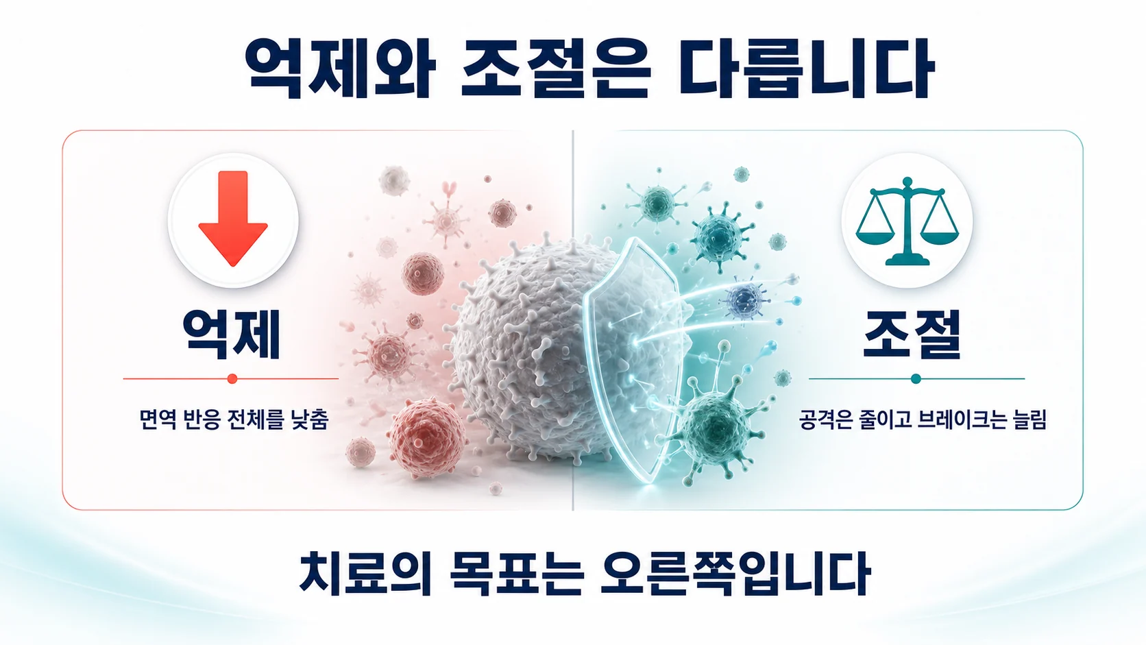 면역을 억제하는 접근과 조절하는 접근의 차이를 비교한 이미지