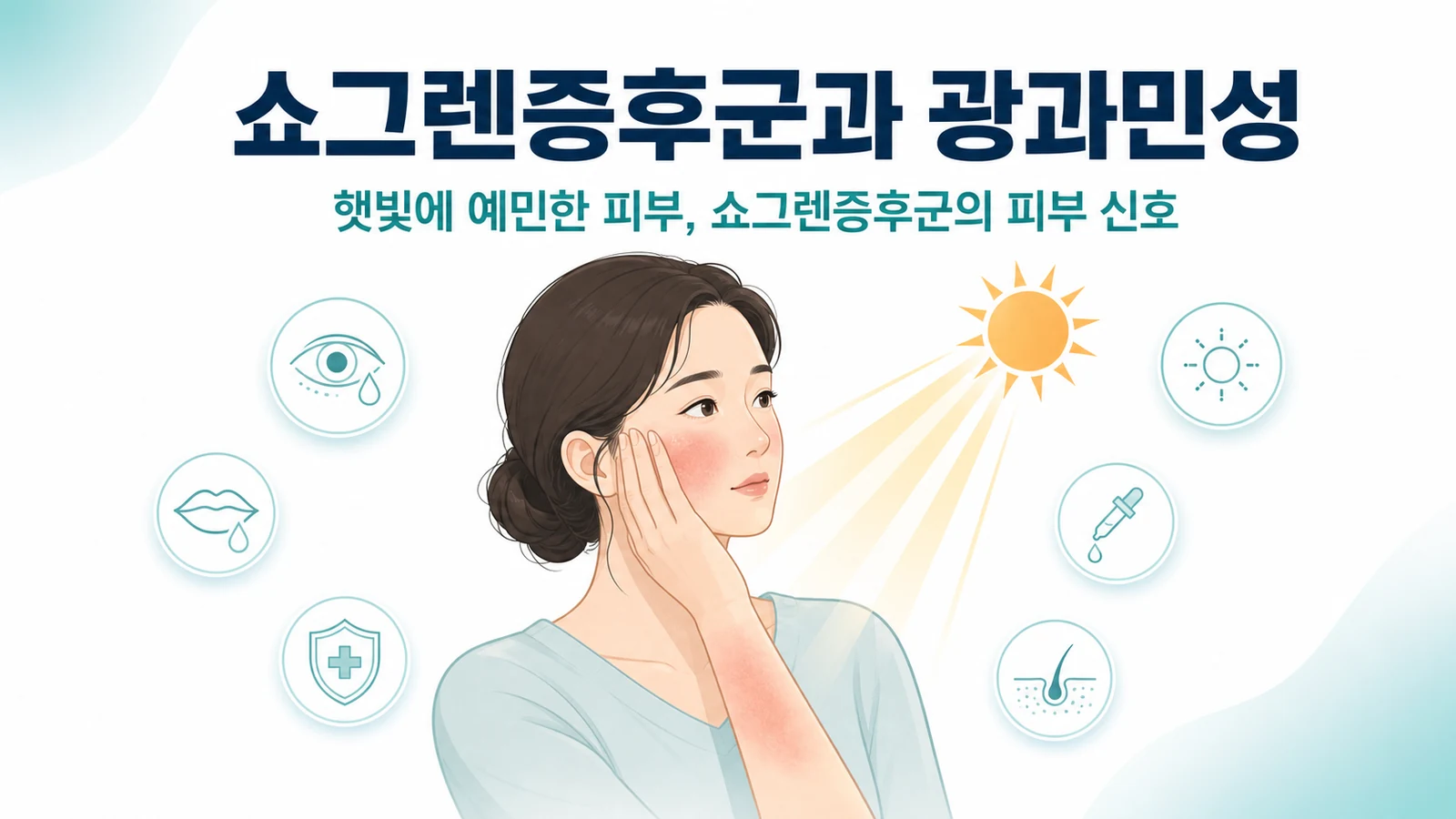 햇빛에 예민한 피부가 쇼그렌증후군의 피부 신호일 수 있음을 나타낸 그림