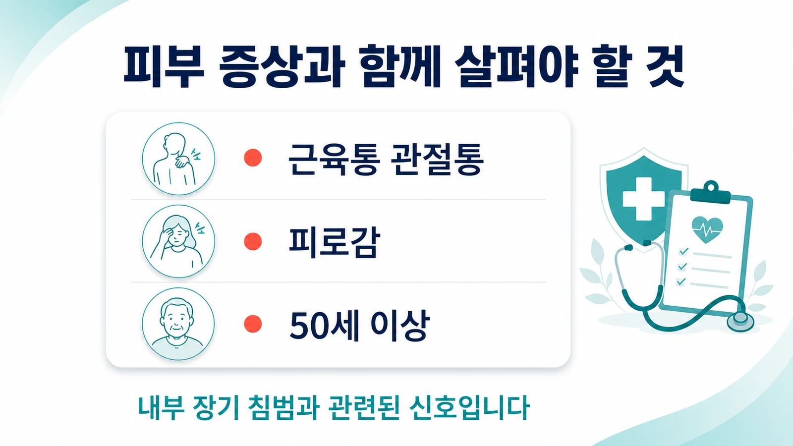 근육통 관절통, 피로감, 50세 이상 등 내부 장기 침범과 관련된 신호