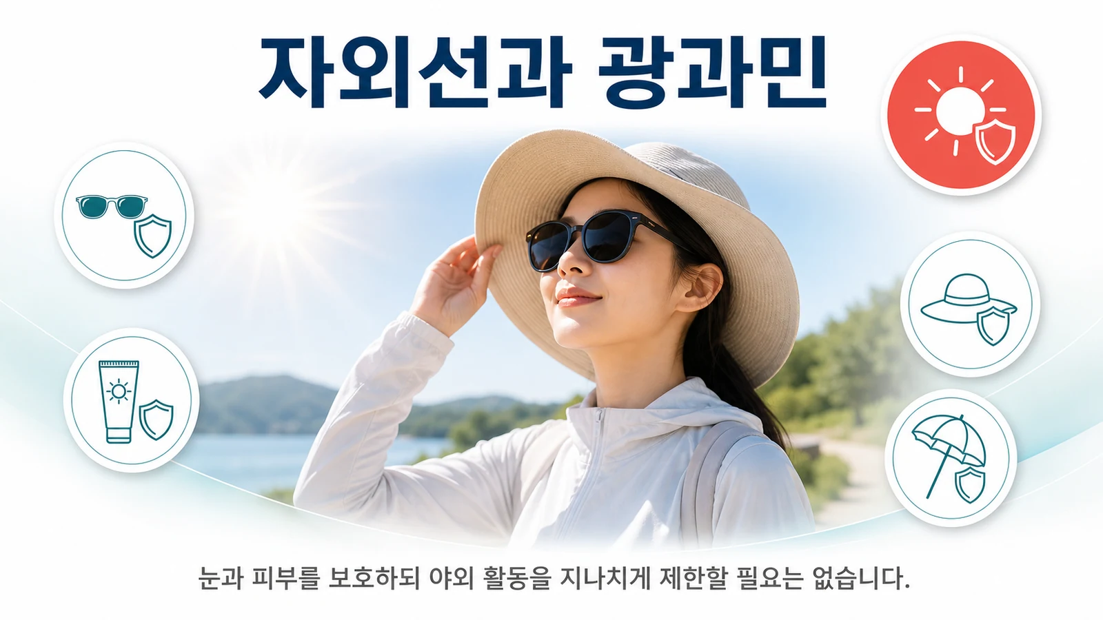 자외선 노출과 광과민, 그리고 모자·선글라스로 눈과 피부를 보호하는 모습을 표현한 이미지