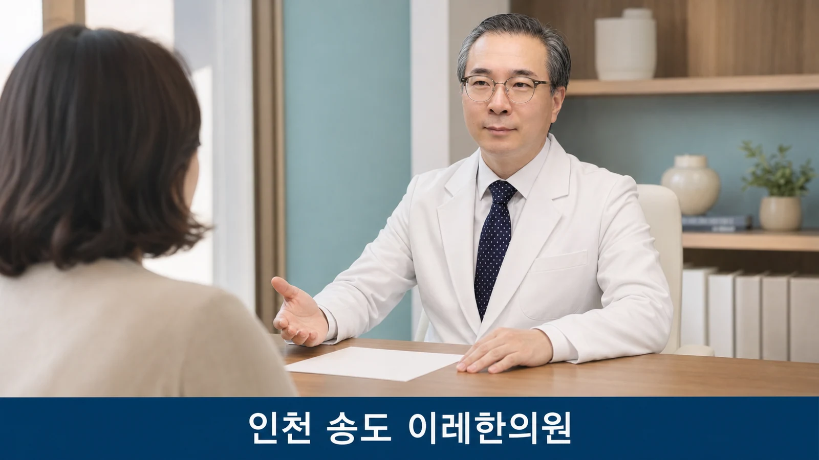 진료실에서 환자와 마주 앉아 면역 관련 상담을 하는 한의사의 모습