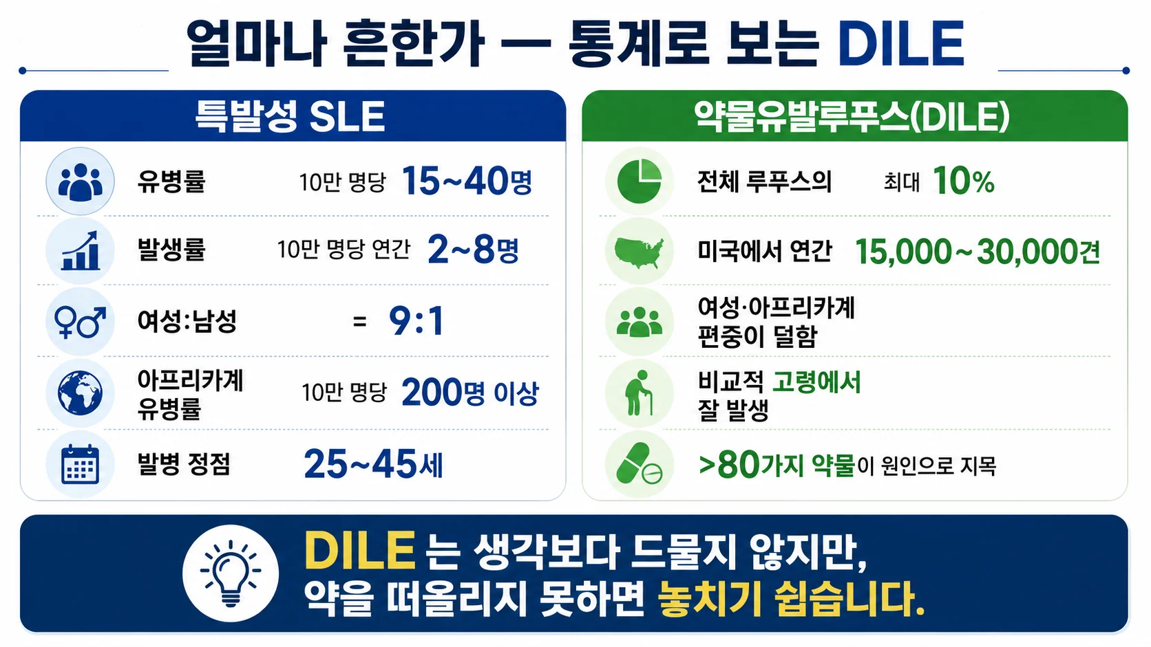 얼마나 흔한가 — 특발성 SLE와 약물유발루푸스(DILE) 통계 비교