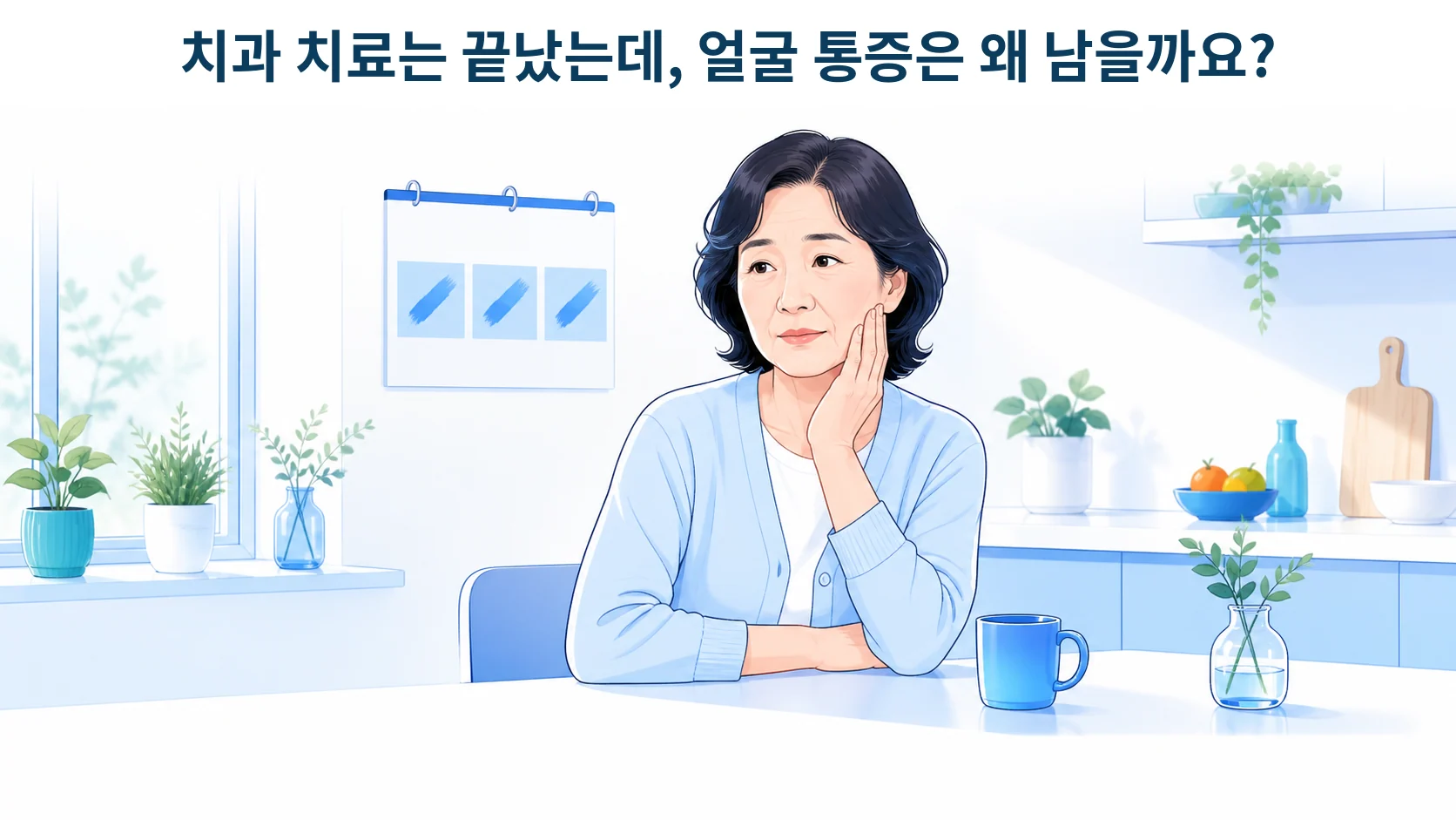 치과 시술 후 석 달이 지나도 얼굴 한쪽 통증이 남아 고민하는 중년 여성