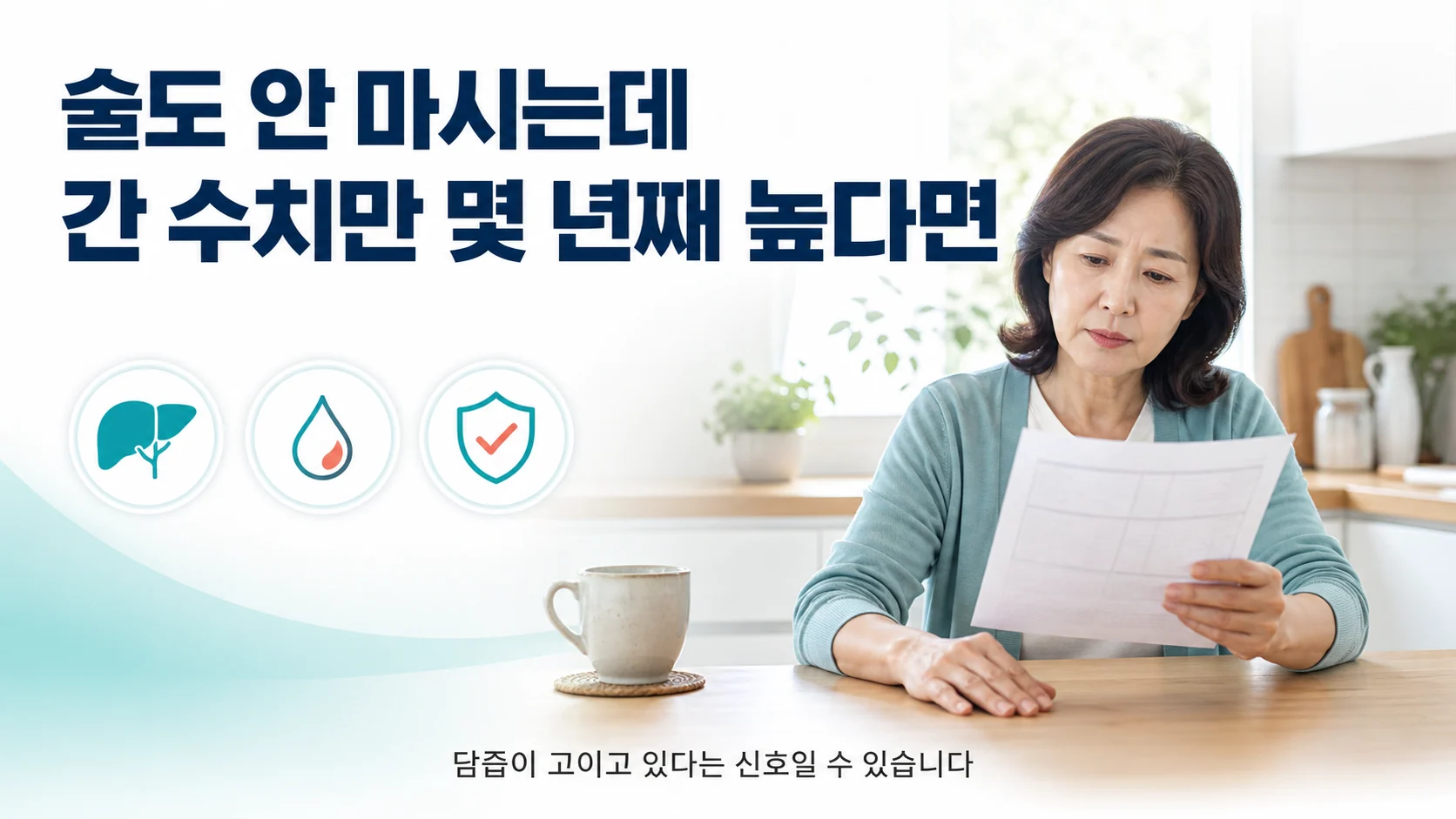 건강검진 결과지에서 간 수치가 반복해서 높게 나와 걱정스럽게 들여다보는 중년 여성의 모습을 담은 대표 그림