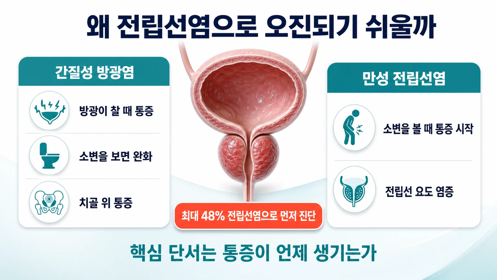남성 간질성 방광염이 전립선염으로 오진되기 쉬운 이유를 설명하는 인포그래픽