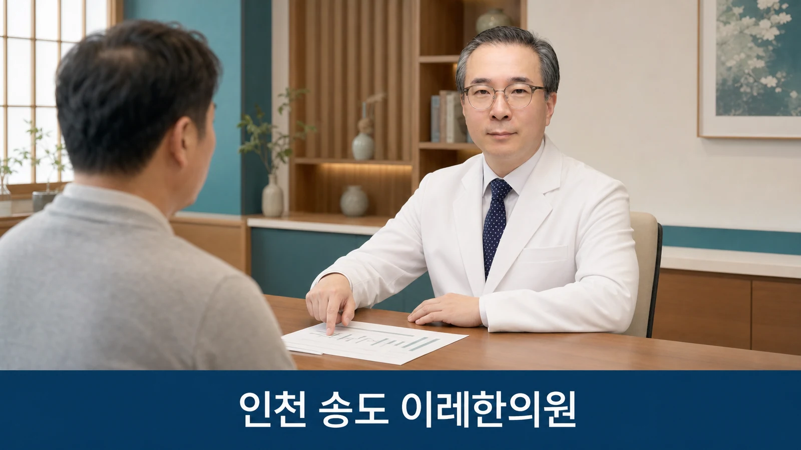 인천 송도 이레한의원 진료실에서 검사 결과지를 놓고 환자와 상담하는 한의사의 모습