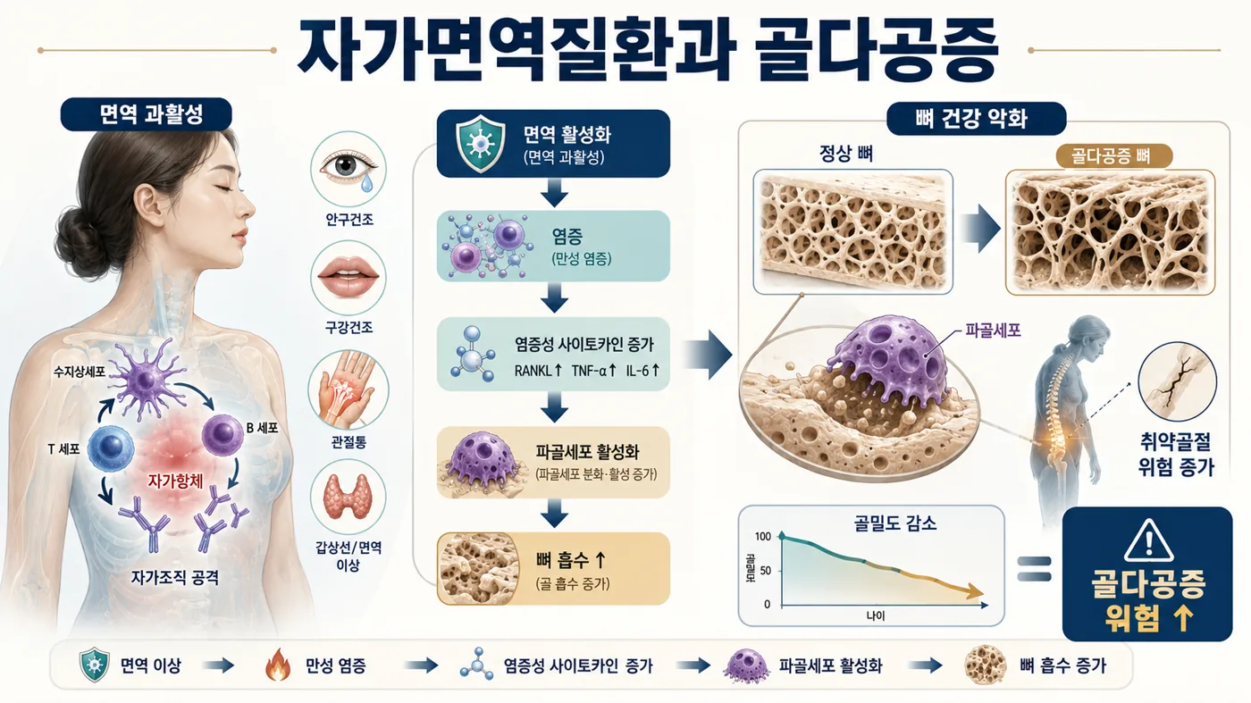 자가면역질환과 골다공증 — 면역 과활성에서 만성 염증, 사이토카인 증가, 파골세포 활성화를 거쳐 골밀도가 감소하는 과정