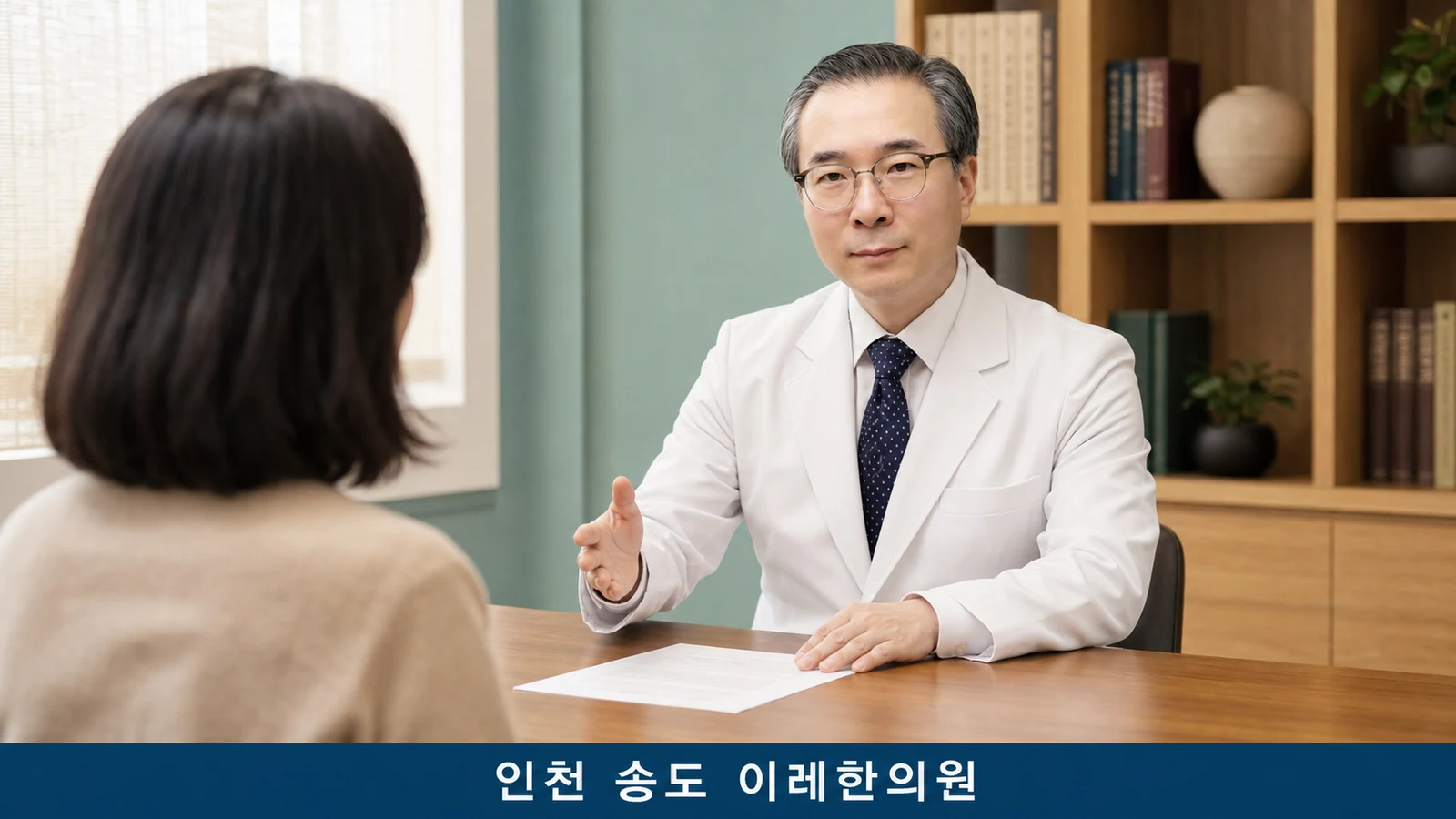 진료실에서 갑상선 초음파 결과와 항체 검사 수치를 환자에게 설명하는 한의사의 모습