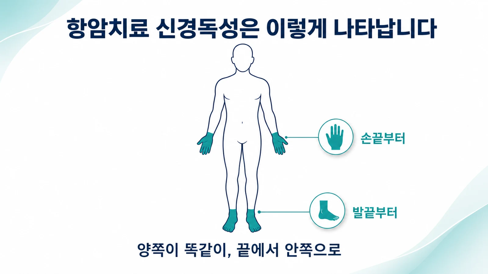 손끝과 발끝에서 시작해 안쪽으로 번지는 항암치료 신경독성의 분포를 나타낸 그림