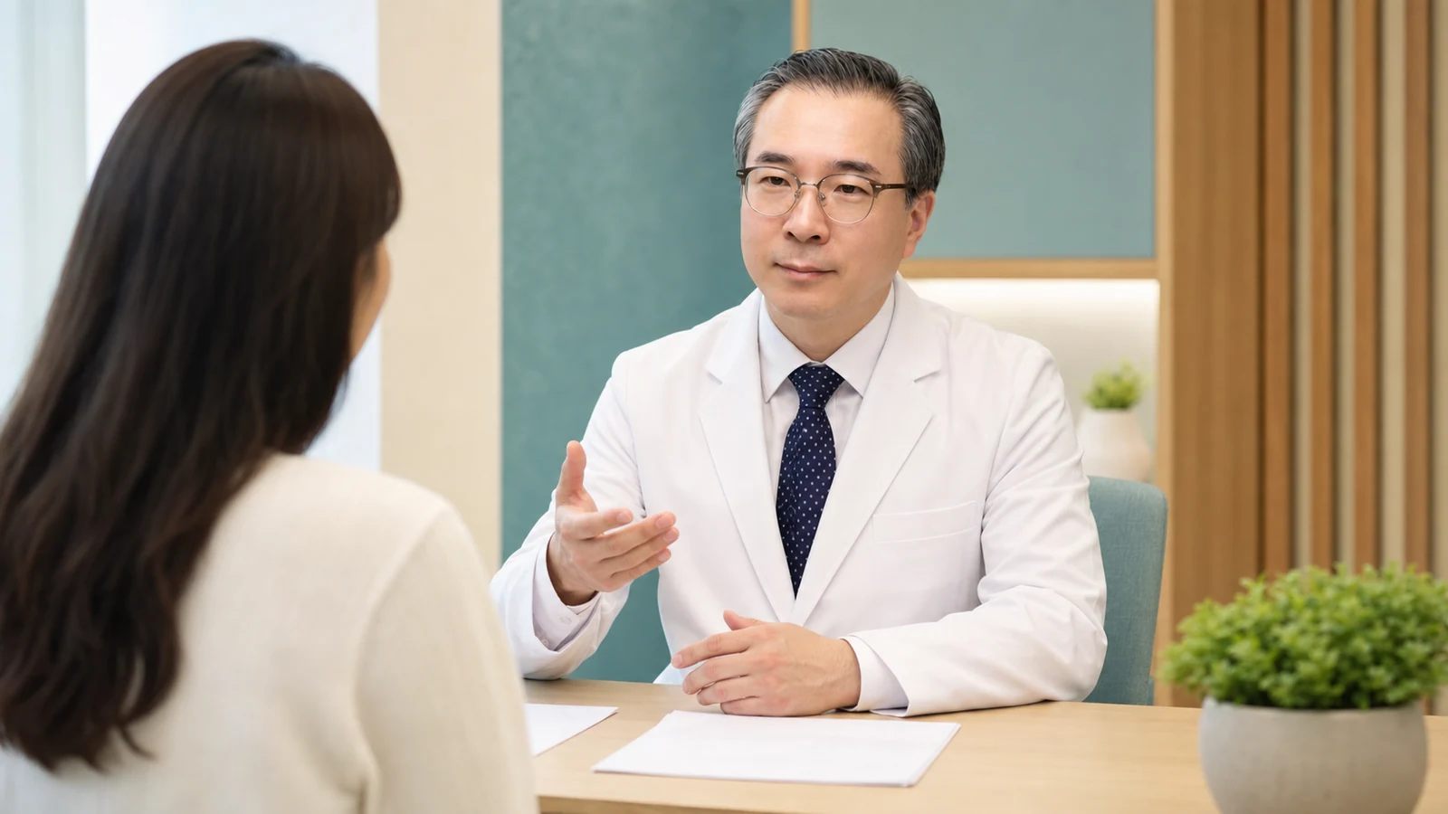 인천 송도 이레한의원 진료실에서 원장이 B형간염 환자와 한약 복용과 생활 관리를 상담하는 이미지