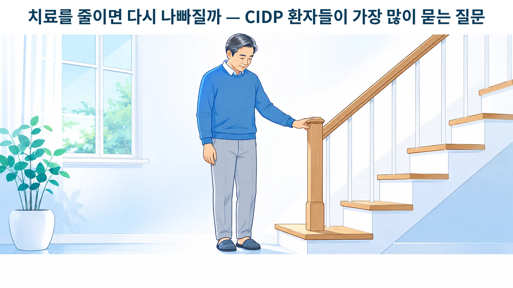 손의 저림과 발의 힘 빠짐으로 계단 난간을 잡고 서 있는 50대 남성