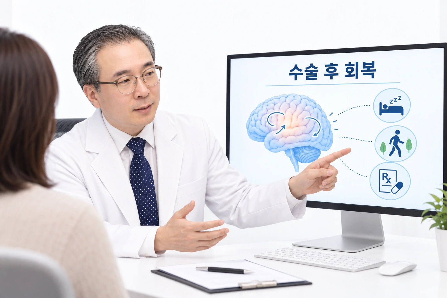 원장이 모니터를 보며 수술 후 수면 활동 약물 점검과 회복을 설명하는 상담 이미지