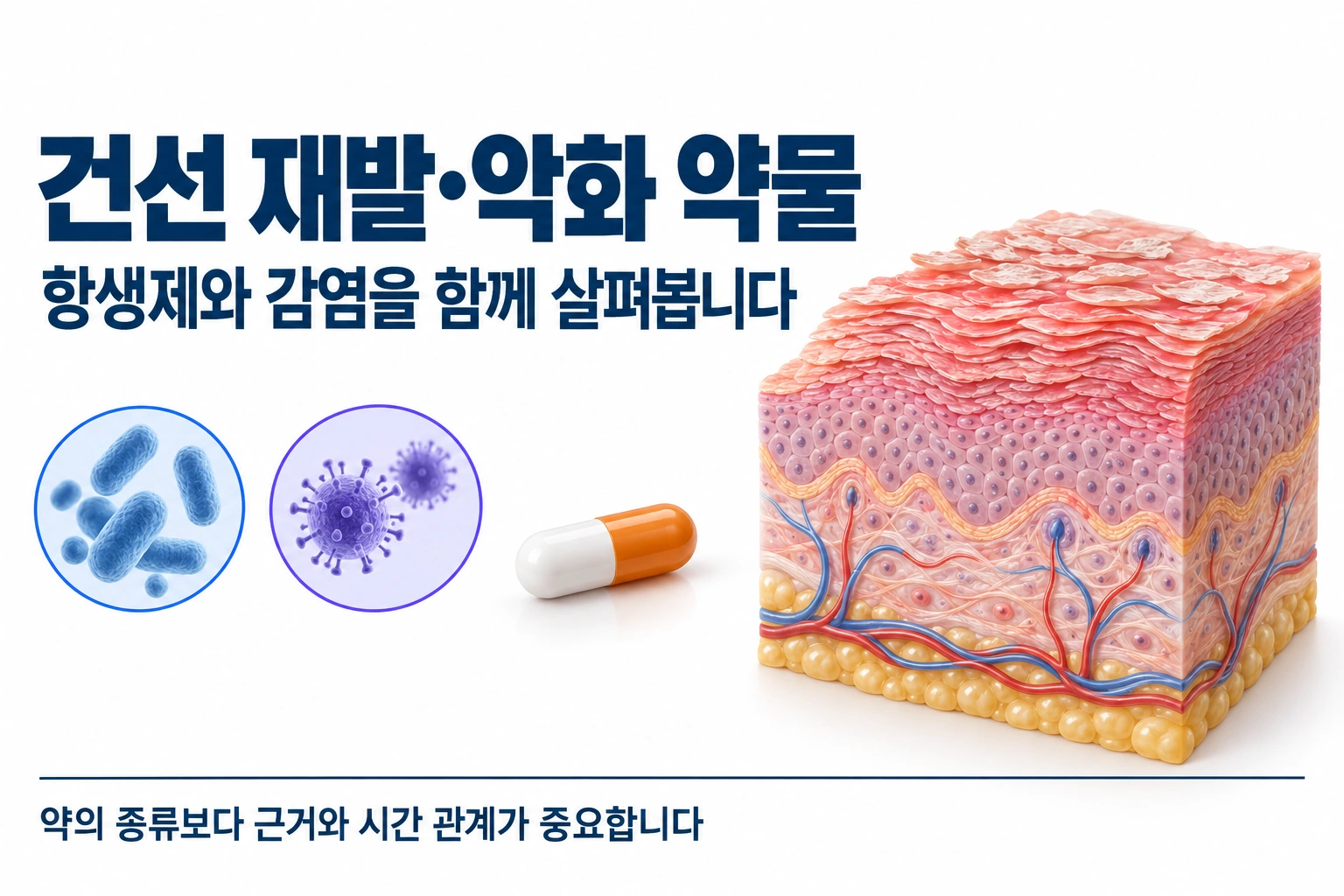 건선 재발과 약물의 관계를 절제된 피부 단면과 약물 모형으로 설명하는 대표 이미지