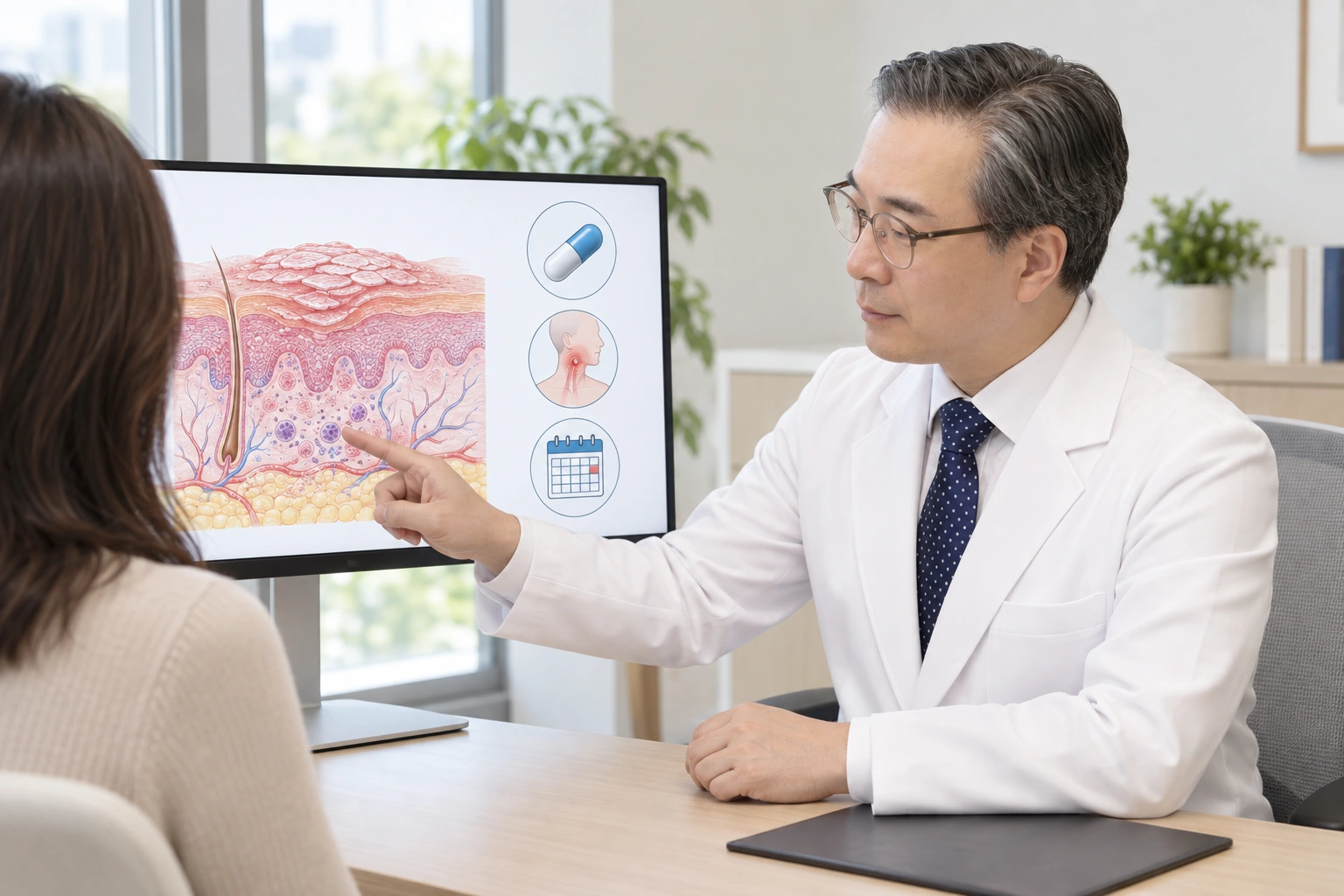 박석민 원장이 교육용 모니터의 피부 단면과 약물 관련 그림을 보며 설명하는 가상 상담 장면