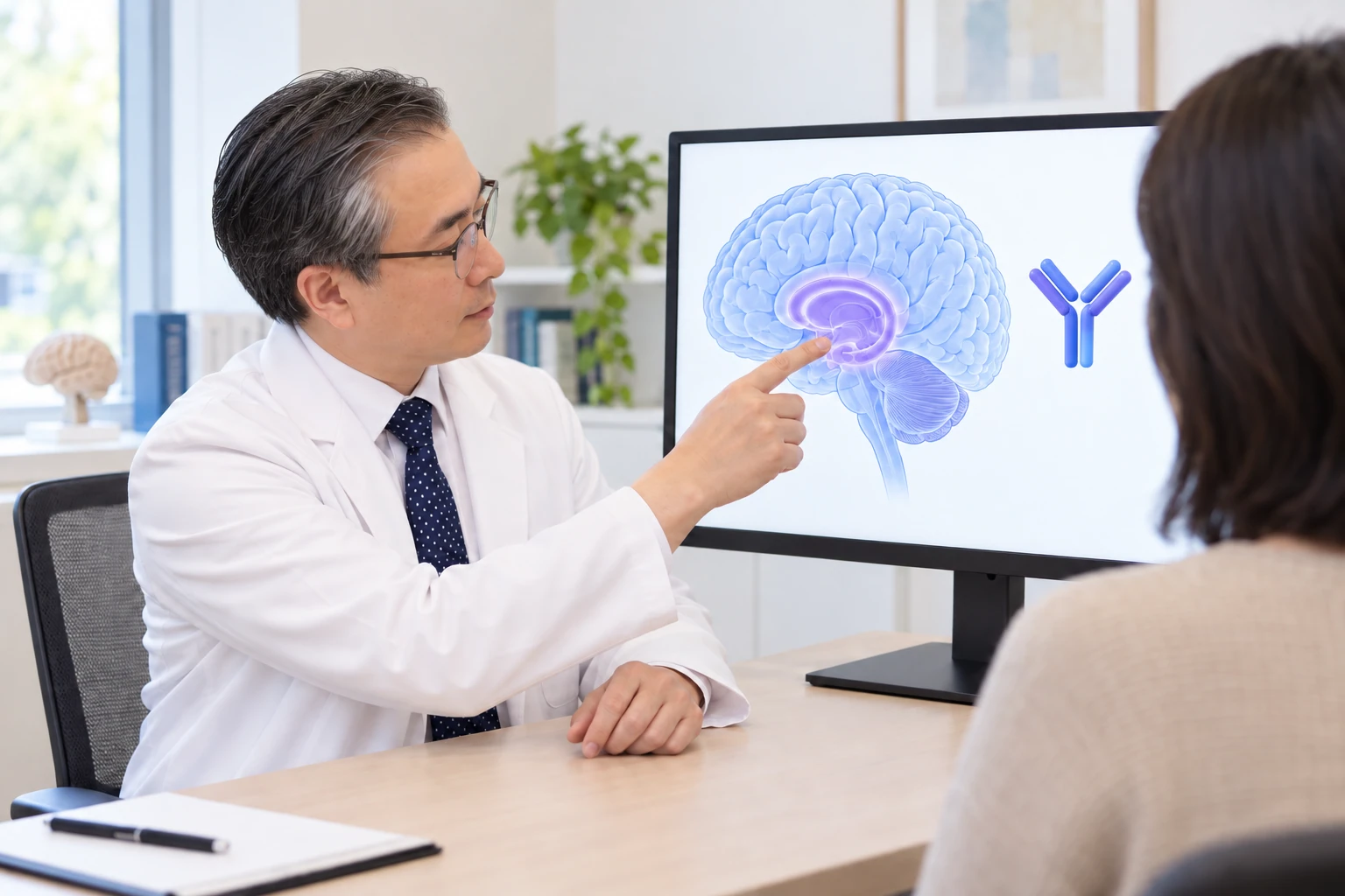 박석민 원장이 교육용 모니터의 뇌와 면역 그림을 보며 설명하는 가상의 상담 장면입니다.