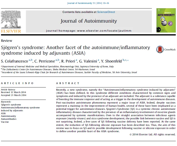 백신에 함유된 첨가물(adjuvants)로 인해 유발된 자가면역질환 중 쇼그렌증후군도 있습니다