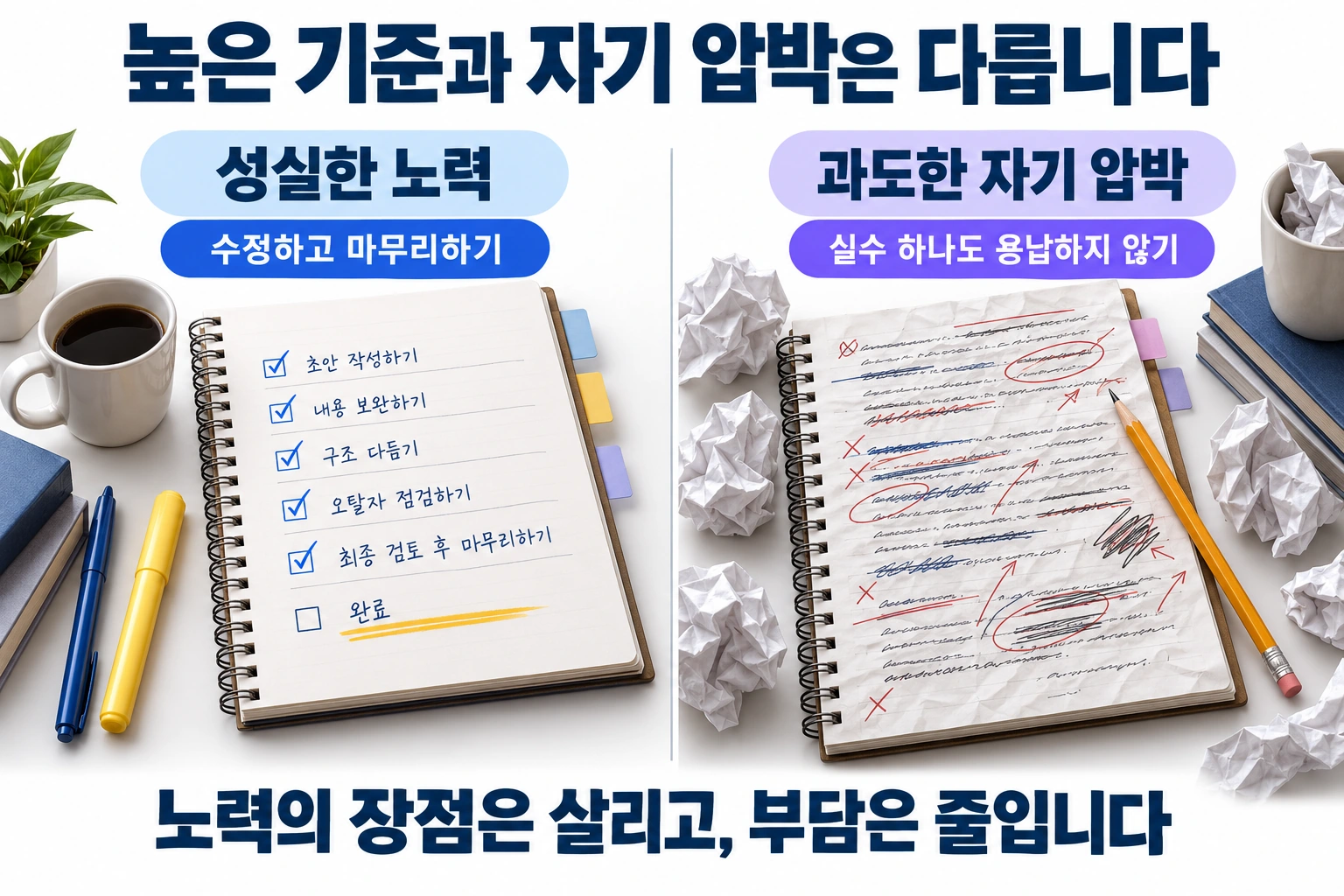 성실한 노력과 과도한 자기 압박의 차이를 설명하는 비교 그림