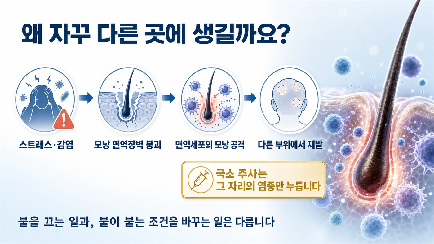 스트레스·감염에서 모낭 면역장벽 붕괴, 면역세포의 공격, 다른 부위 재발로 이어지는 과정
