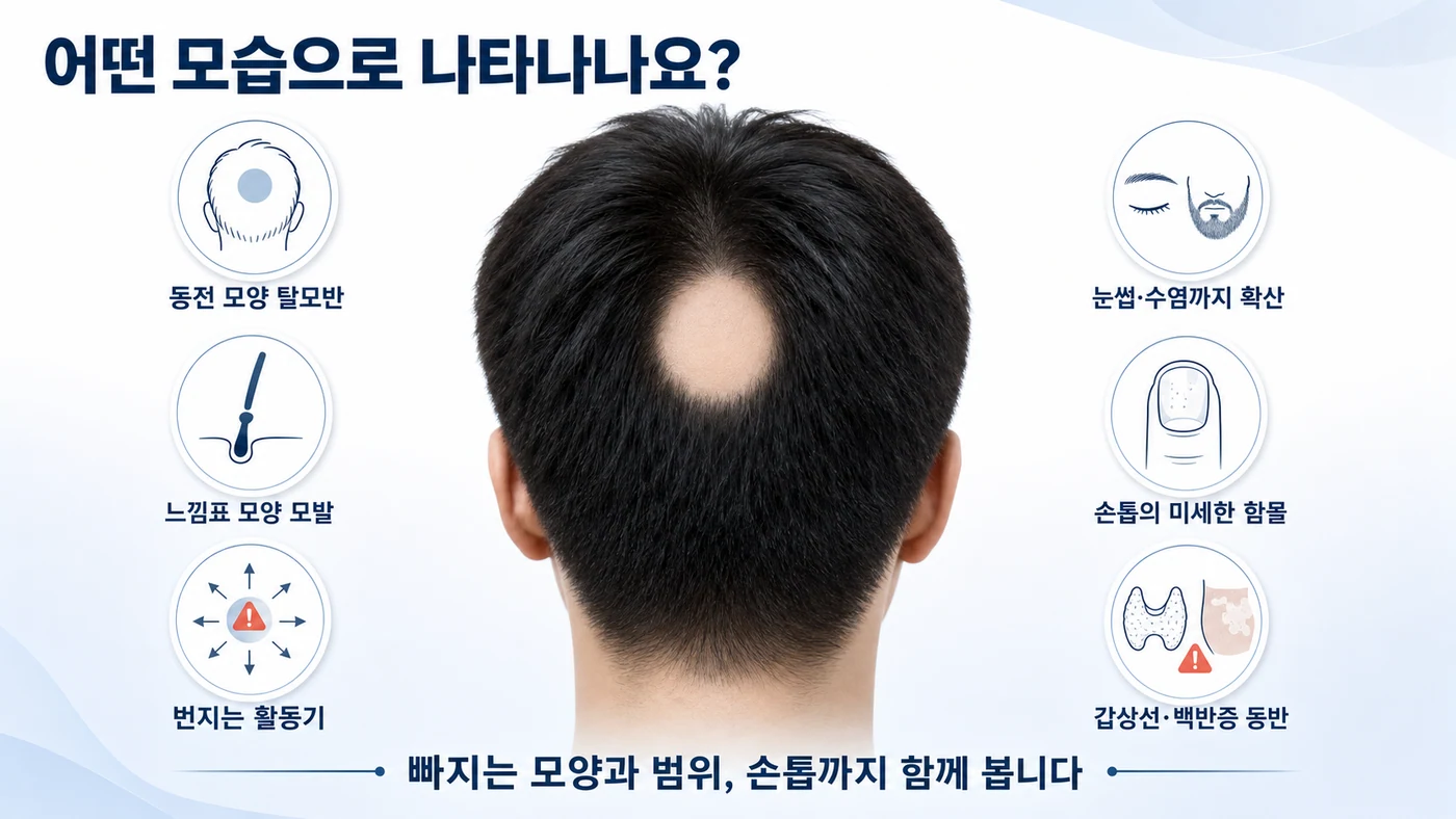 동전 모양 탈모반, 느낌표 모양 모발, 손톱 함몰 등 원형탈모의 주요 증상