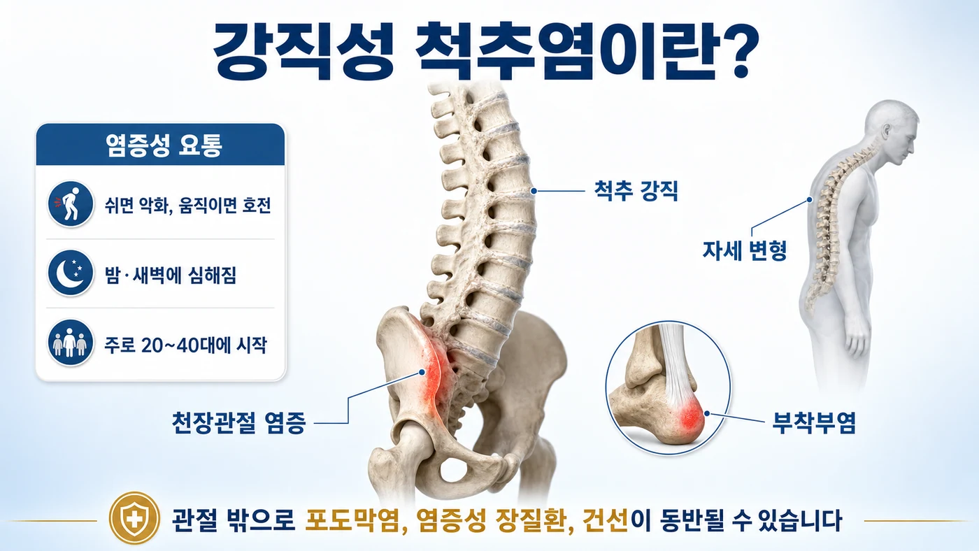 강직성 척추염이란 — 천장관절 염증, 척추 강직, 부착부염, 자세 변형 부위 표시와 쉬면 악화·움직이면 호전되는 염증성 요통, 관절 외 동반 질환 안내