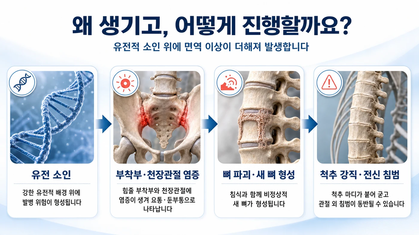강직성 척추염의 발생과 진행 — 유전 소인에서 부착부·천장관절 염증, 뼈 파괴와 새 뼈 형성, 척추 강직 및 관절 외 침범으로 이어지는 흐름