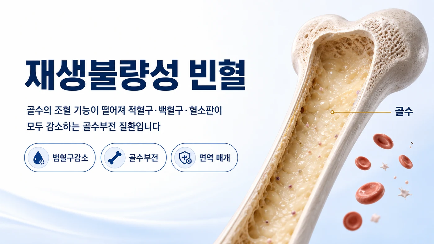 재생불량성 빈혈 대표 이미지. 골수의 조혈 기능이 떨어져 적혈구·백혈구·혈소판이 모두 감소하는 골수부전 질환임을 비어 있는 골수 단면으로 보여줍니다.