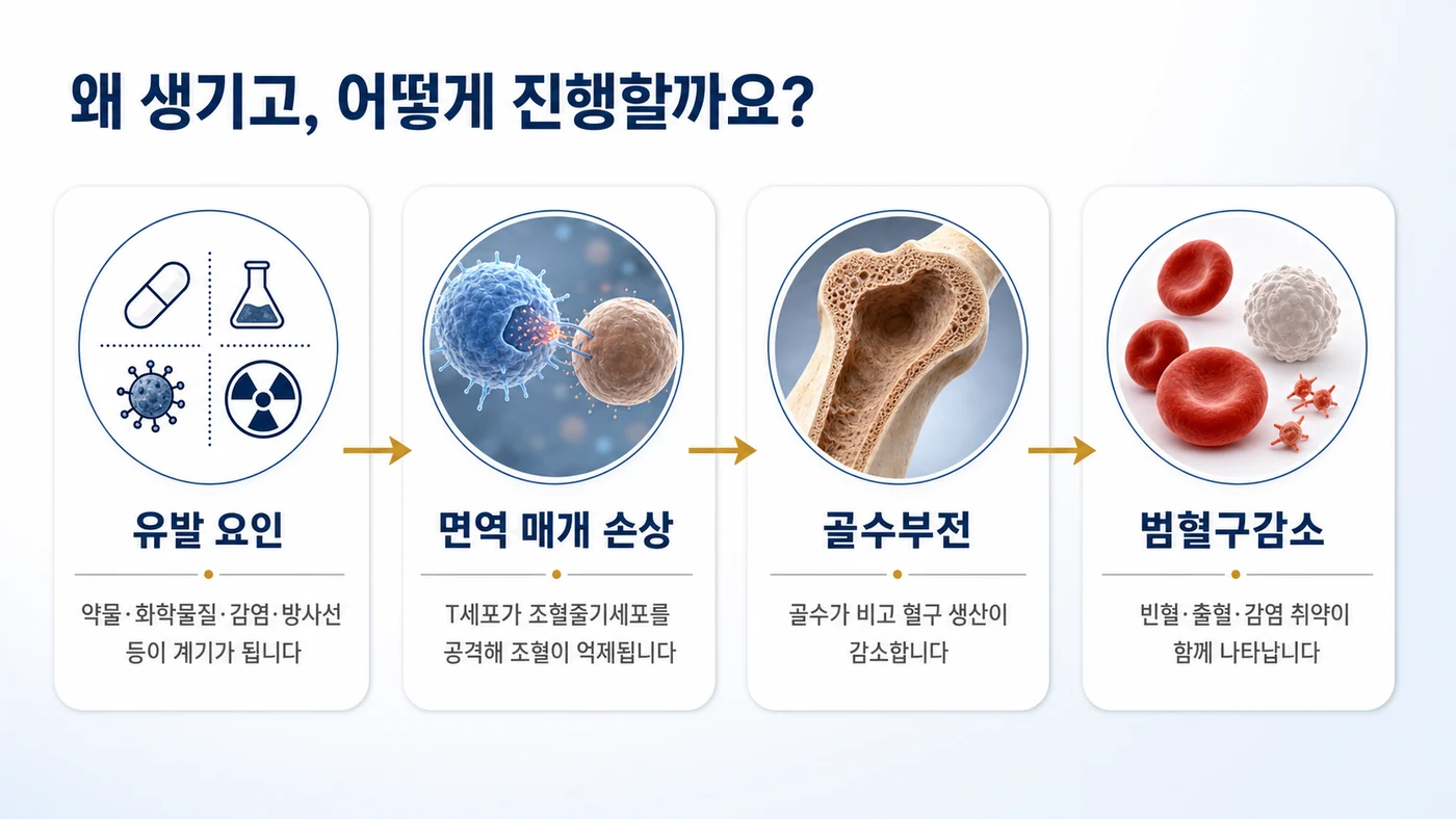 재생불량성 빈혈의 발병 기전 흐름도. 약물·화학물질·감염·방사선 등 유발 요인에서 면역 매개 손상, 골수부전, 범혈구감소로 이어지는 과정을 보여줍니다.