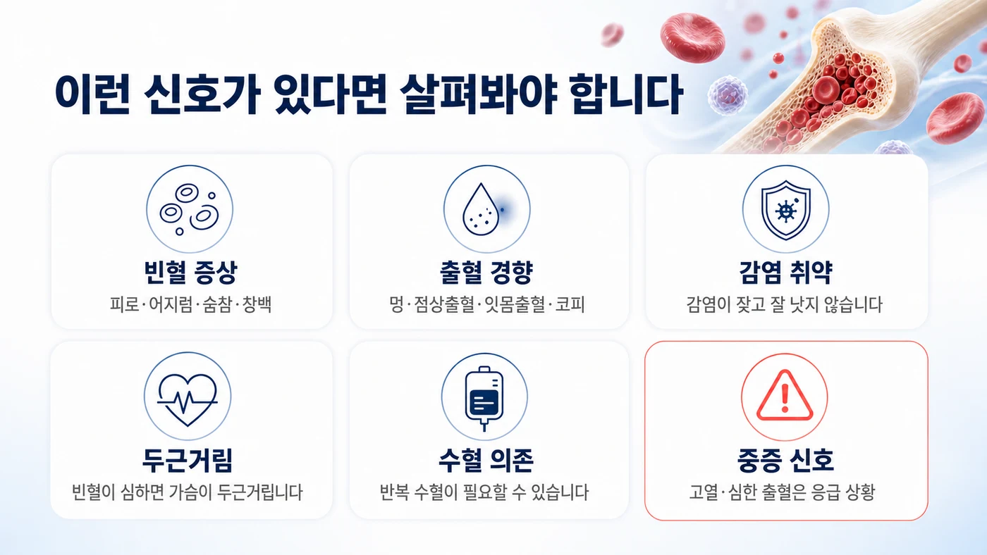 재생불량성 빈혈의 주요 증상 카드. 빈혈 증상, 출혈 경향, 감염 취약, 두근거림, 수혈 의존, 응급 상황인 중증 신호를 정리했습니다.