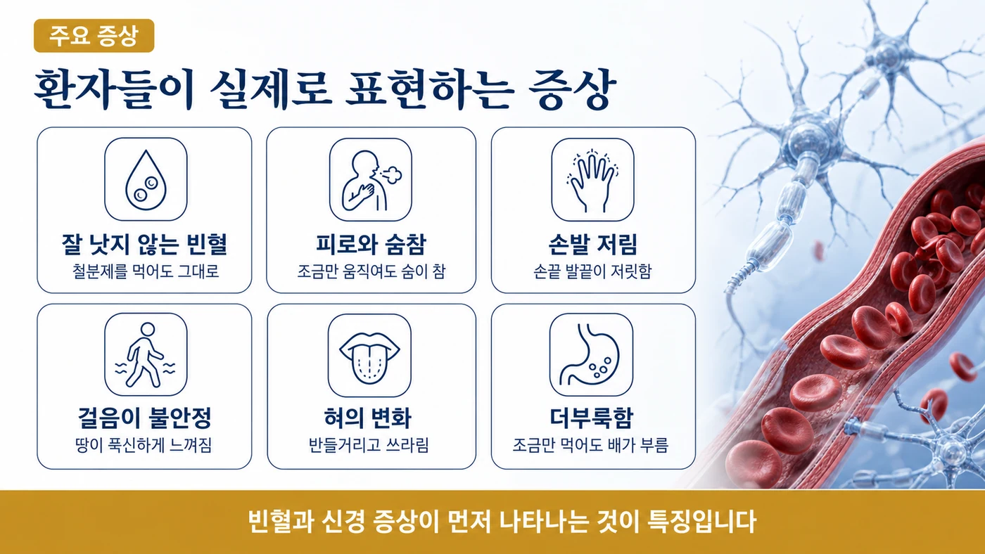 잘 낫지 않는 빈혈, 피로와 숨참, 손발 저림, 걸음 불안정, 혀의 변화, 더부룩함 등 자가면역성 위축성 위염의 증상