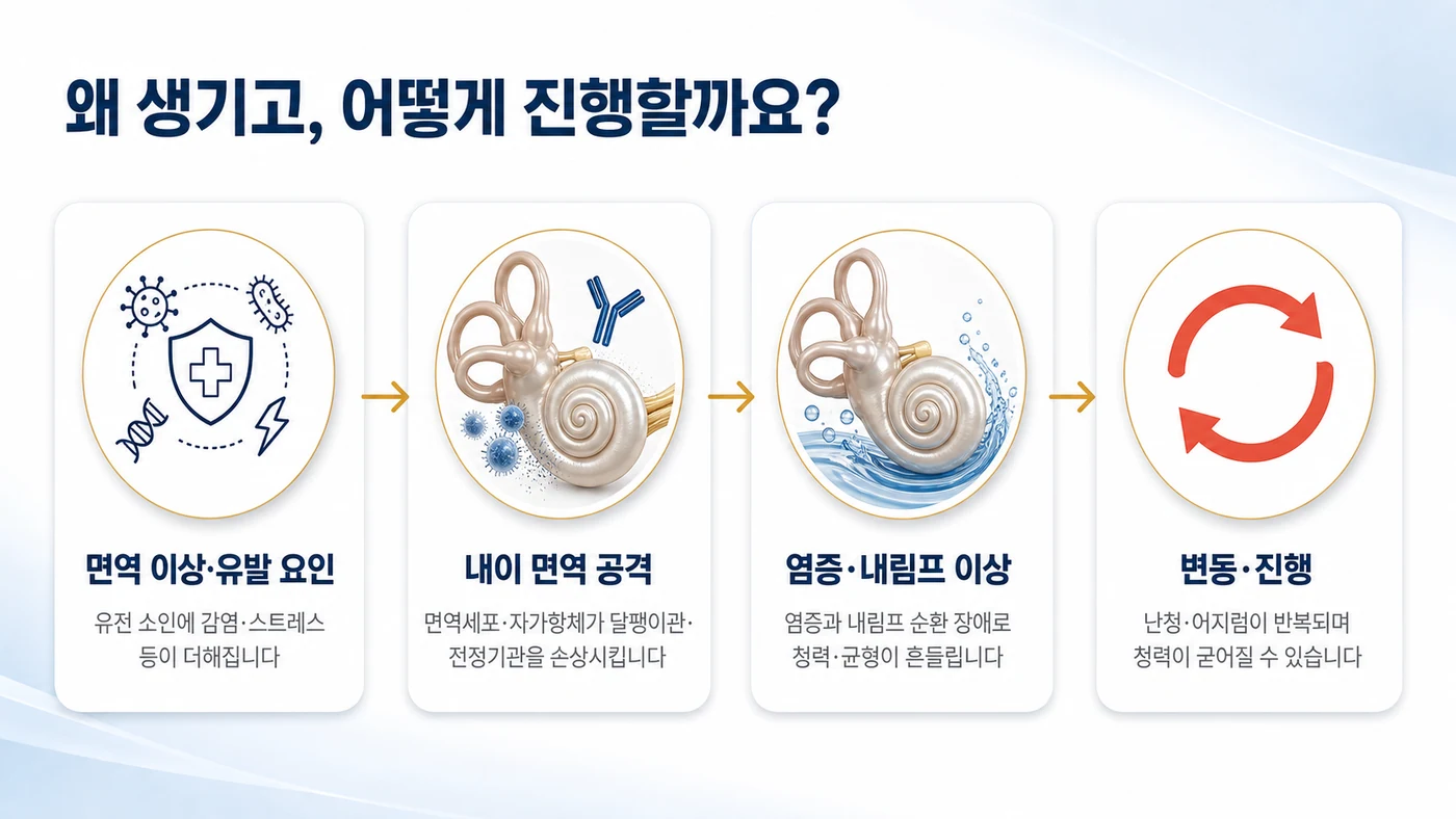 자가면역 난청·메니에르의 발병 기전 흐름도. 면역 이상과 유발 요인에서 내이 면역 공격, 염증과 내림프 이상, 변동과 진행으로 이어지는 과정을 보여줍니다.