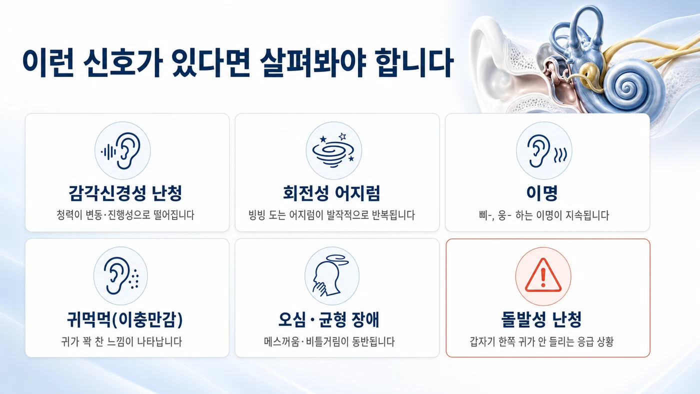 자가면역 난청·메니에르의 주요 증상 카드. 감각신경성 난청, 회전성 어지럼, 이명, 귀먹먹(이충만감), 오심과 균형 장애, 응급 상황인 돌발성 난청을 정리했습니다.