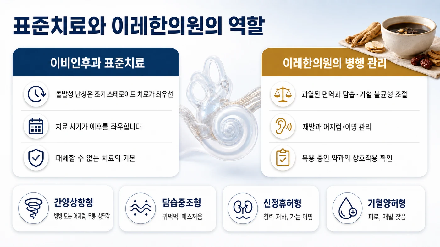 자가면역 난청·메니에르의 이비인후과 표준치료와 이레한의원 병행 관리의 역할 구분, 그리고 간양상항형·담습중조형·신정휴허형·기혈양허형 변증 유형을 보여줍니다.
