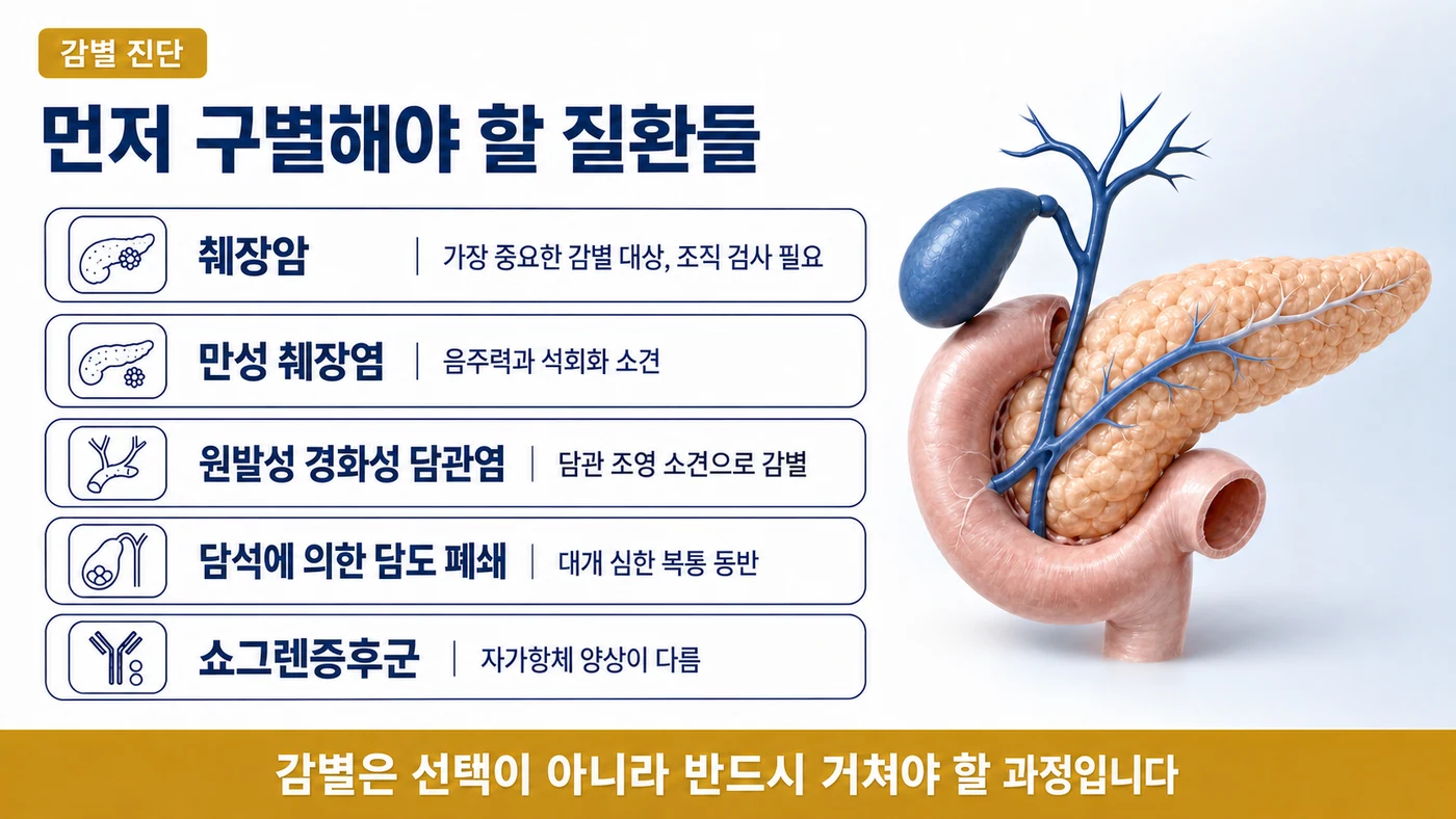 췌장암, 만성 췌장염, 원발성 경화성 담관염, 담석성 담도 폐쇄, 쇼그렌증후군과의 구별 지점