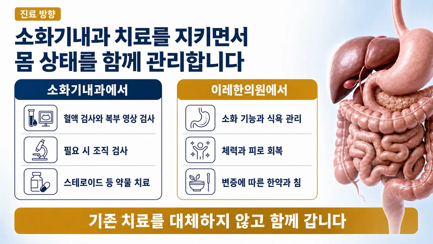 소화기내과의 검사와 스테로이드 치료, 이레한의원의 소화·체력 관리로 나눈 진료 역할 구분