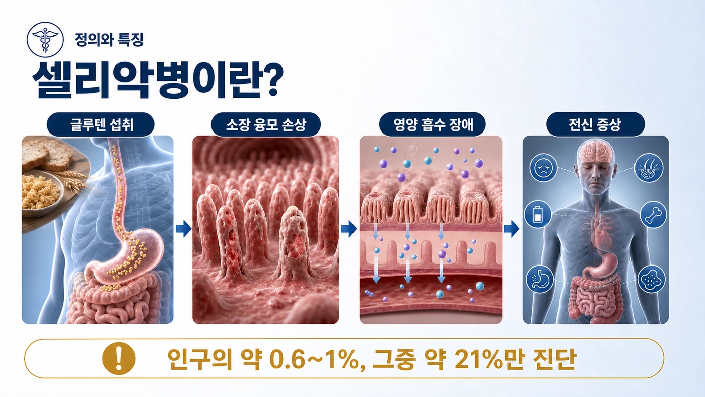 셀리악병이란 — 글루텐 섭취가 소장 융모를 손상시켜 영양 흡수 장애와 전신 증상으로 이어지며 인구의 약 0.6~1%에서 나타나고 21%만 진단됨