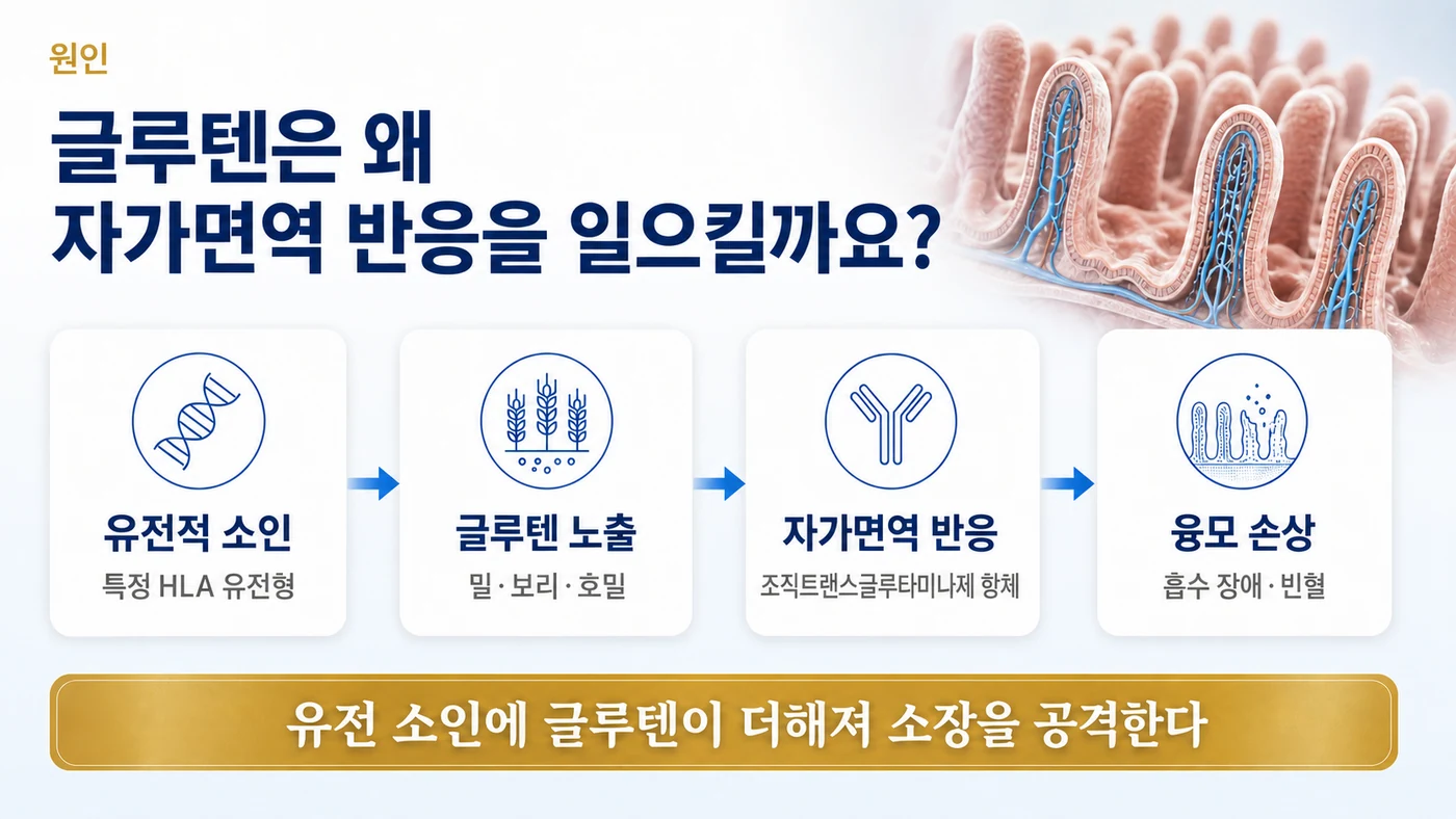 셀리악병의 원인 — 특정 HLA 유전형 위에 글루텐이 더해져 조직트랜스글루타미나제 자가항체가 생기고 소장 융모가 손상되어 흡수 장애가 생기는 흐름