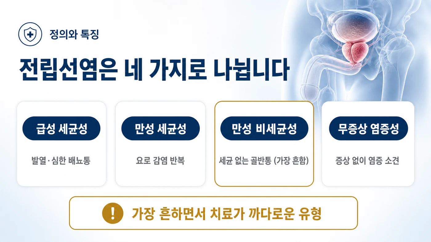 전립선염의 네 가지 분류 — 급성 세균성, 만성 세균성, 만성 비세균성(만성 골반통증증후군), 무증상 염증성 중 만성 비세균성이 가장 흔하면서 치료가 까다로움