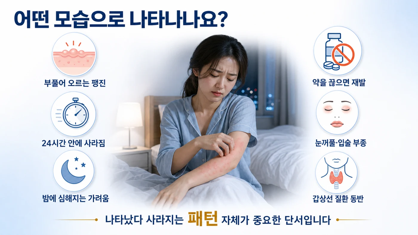 부풀어 오르는 팽진, 24시간 안에 사라짐, 밤에 심해지는 가려움 등 만성 두드러기의 증상