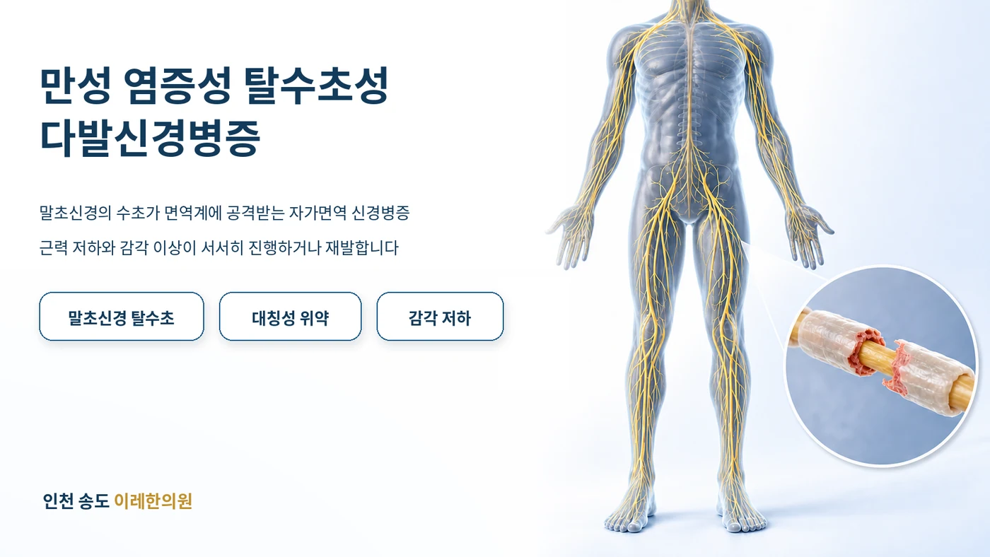 만성 염증성 탈수초성 다발신경병증 대표 이미지 — 팔다리 말초신경의 수초가 면역계에 공격받아 대칭성 위약과 감각 저하가 서서히 진행하거나 재발하는 자가면역 신경병증