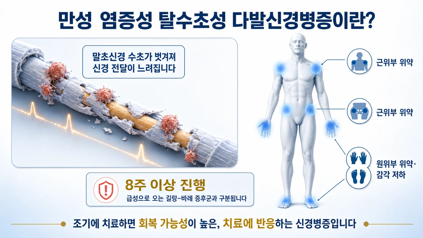 만성 염증성 탈수초성 다발신경병증이란 — 말초신경 수초가 벗겨져 신경 전달이 느려지는 모습과 어깨·엉덩이 근위부, 손·발 원위부의 대칭성 위약·감각 저하, 8주 이상 진행이라는 구분점