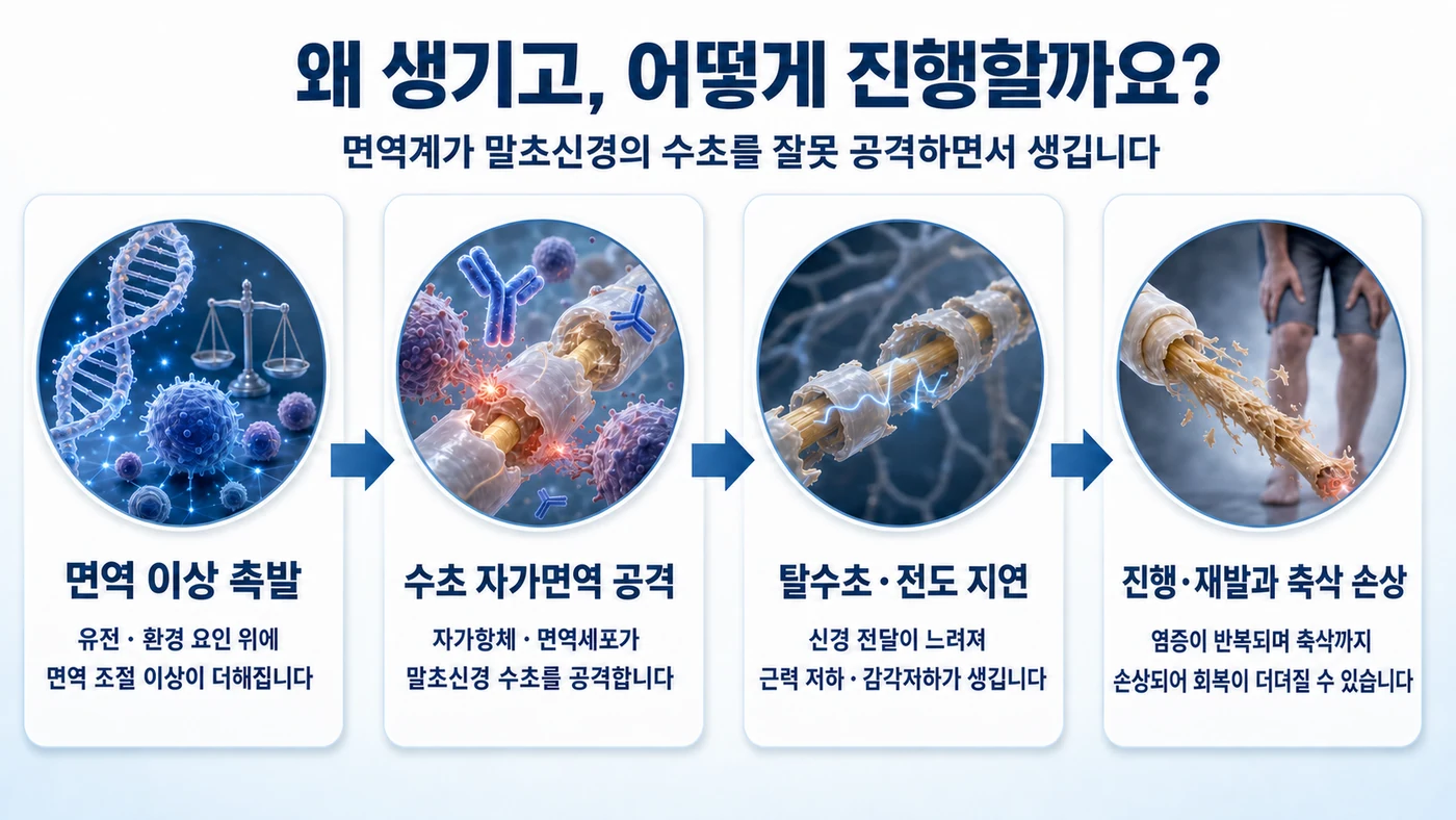 만성 염증성 탈수초성 다발신경병증의 발생과 진행 — 면역 이상 촉발에서 수초 자가면역 공격, 탈수초와 전도 지연, 진행·재발과 축삭 손상으로 이어지는 흐름