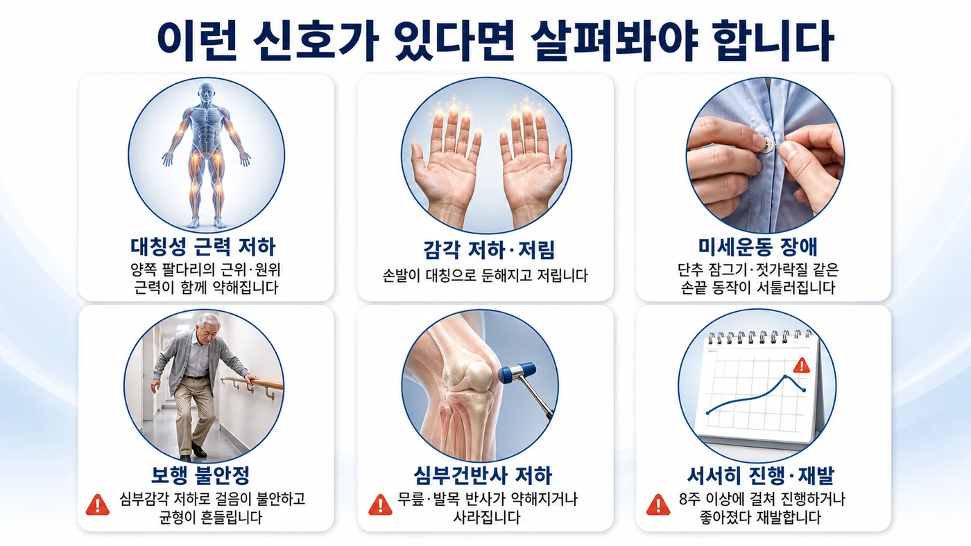 만성 염증성 탈수초성 다발신경병증의 주요 증상 — 대칭성 근력 저하, 감각 저하·저림, 미세운동 장애, 보행 불안정, 심부건반사 저하, 서서히 진행·재발