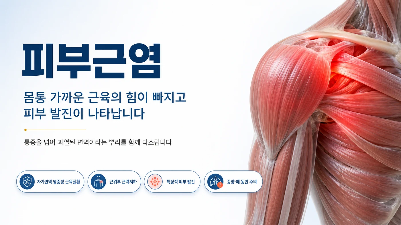 피부근염 안내 — 몸통에 가까운 어깨 근육의 힘이 대칭으로 빠지고 특징적 피부 발진이 나타나는 자가면역 염증성 근육질환
