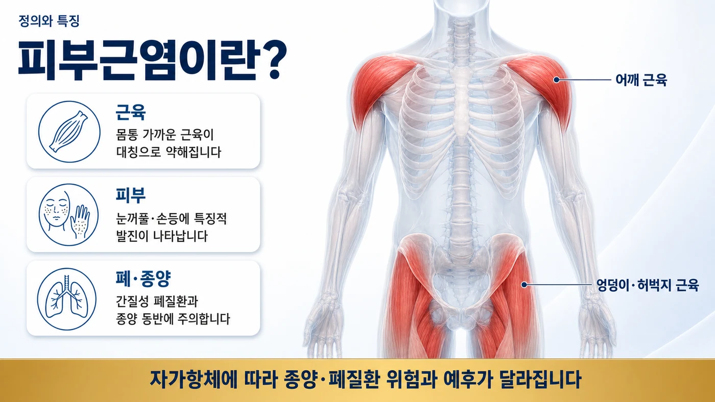 피부근염이란 — 어깨와 엉덩이·허벅지 등 근위부 근육이 대칭으로 약해지고 피부 발진, 간질성 폐질환·종양 동반에 주의해야 하는 질환