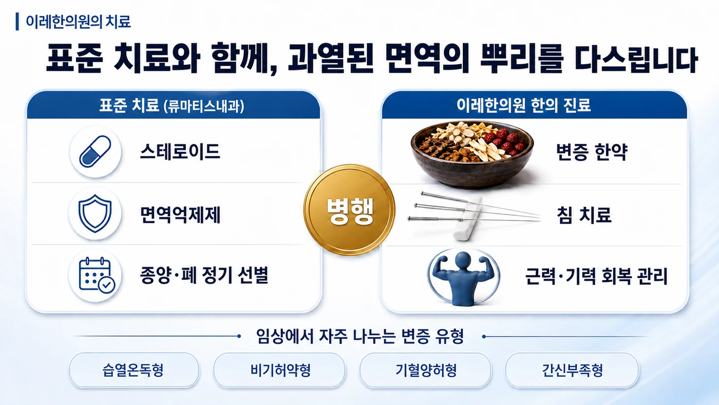 피부근염 치료 — 표준 치료(스테로이드·면역억제제·종양과 폐 정기 선별)와 이레한의원의 변증 한약·침·근력 회복 관리를 병행하며 습열온독형·비기허약형·기혈양허형·간신부족형으로 변증합니다