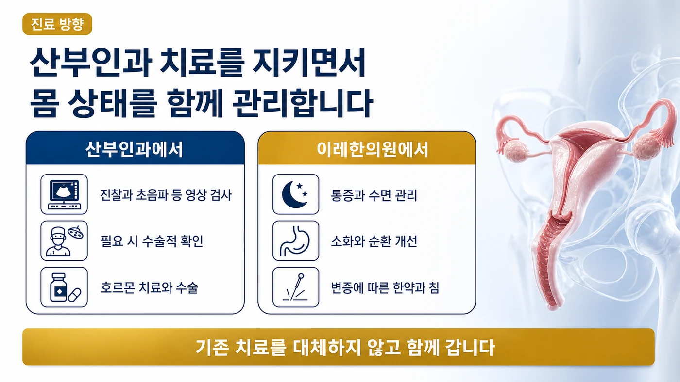 산부인과의 영상 검사와 호르몬 치료, 이레한의원의 통증·순환 관리로 나눈 진료 역할 구분