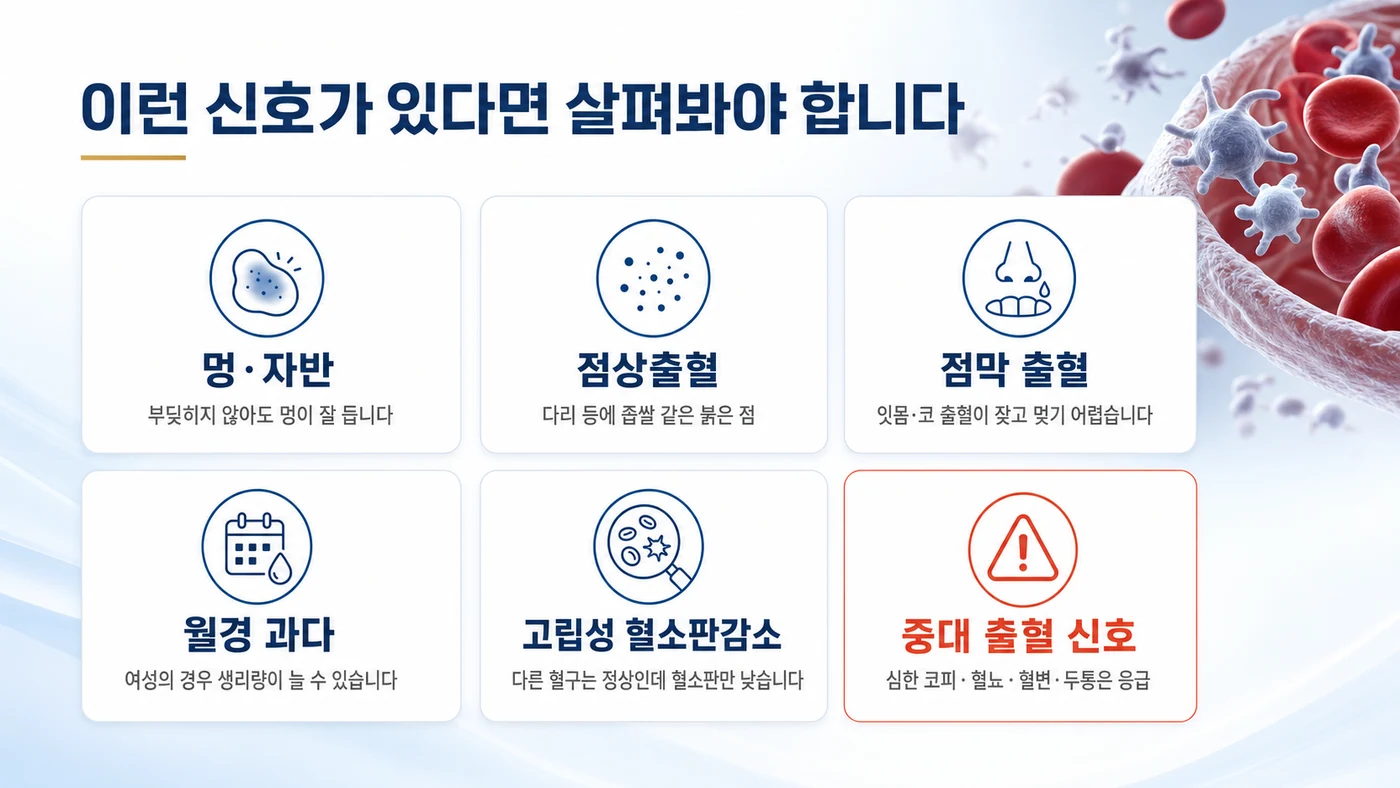 면역성 혈소판감소증의 주요 증상 카드. 멍·자반, 점상출혈, 점막 출혈, 월경 과다, 고립성 혈소판감소, 응급 상황인 중대 출혈 신호를 정리했습니다.